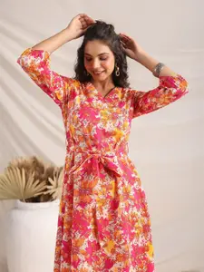 Janasya Floral Printed Cotton A-Line Midi Dress