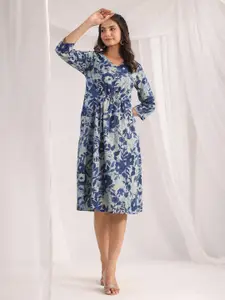 Janasya Floral Printed Ruched Cotton A-Line Dress