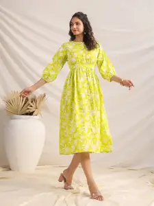 Janasya Yellow Floral Printed Puff Sleeves Gathered Detailed Cotton Fit & Flare Midi Dress