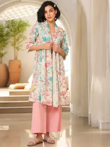 JISORA Printed Pure Cotton Top & Shrug With Trousers Co-Ords