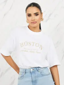 Styli Oversized Boston Slogan Embroidered Longline T-Shirt