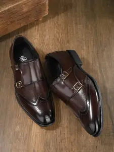 House of Pataudi Men Textured Round Toe Faux Leather Slip-On Formal Monk Shoes