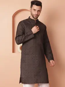 Jompers Ethnic Motif Woven Design Mandarin Collar Long Sleeves Thread Work Straight Kurta