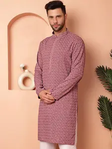 Jompers Geometric Embroidered Mandarin Collar Long Sleeves Thread Work Straight Kurta