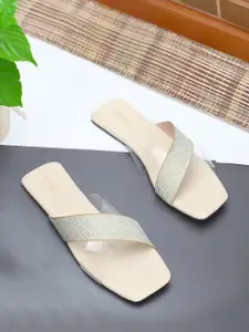 Anouk Cream-Coloured Textured Open Toe Flats
