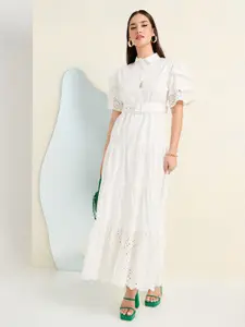 Styli Self Design Schiffle Pure Cotton Tiered Maxi Dress with Belt