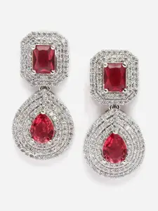 DressBerry Red Rhodium-Plated AD Studded Teardrop Shaped Drop Earrings