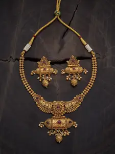 Kushal's Fashion Jewellery Gold-Plated Studded & Beaded Antique Necklace & Earrings