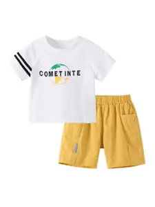 StyleCast White Boys Printed Pure Cotton Round Neck Top With Short