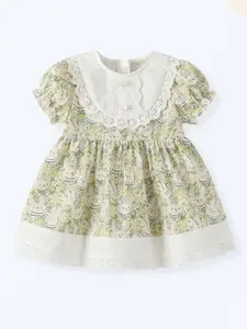 StyleCast Girls Green & White Floral Print Cotton Fit & Flare Dress