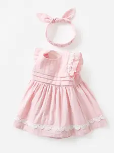 StyleCast Infants Pink Striped Self Design Flutter Sleeves Cotton Fit & Flare Dress