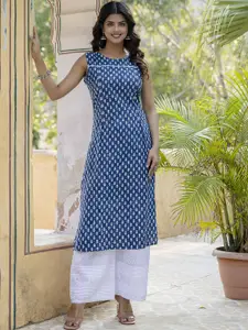 Nayo Women Geometric Printed Round Neck Sleeveless Cotton Straight Kurta