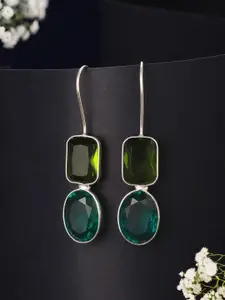 Saraf RS Jewellery Rhodium-Plated Oxidised Green Fishhook Minimal Drop Earrings