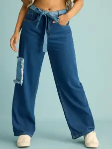 FREAKINS Blue Women High-Rise Slash Knee Clean Look Pure Cotton Jeans