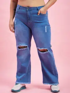 Purple Feather Women Plus Size Wide Leg High-Rise Slash Knee Light Fade Stretchable Jeans