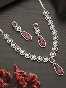 Saraf RS Jewellery Silver Rhodium Red Zircon Pearl Beaded Designer Necklace Jewellery Set
