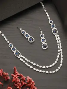 Saraf RS Jewellery Silver-Plated CZ-Studded Layered Bridal Necklace and Earrings Set