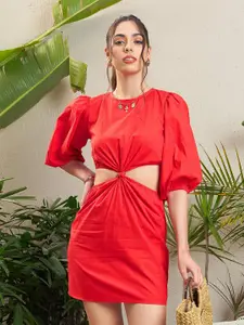 SASSAFRAS Red Puff Sleeve Cut-Out Pure Cotton Sheath Dress