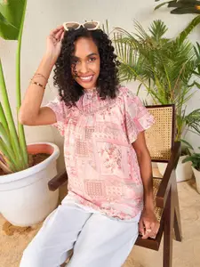 SASSAFRAS Peach-Coloured Floral Printed High Neck Flutter Sleeve Georgette Top