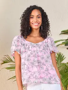 SASSAFRAS Pink Floral Printed Flutter Sleeve Georgette Top