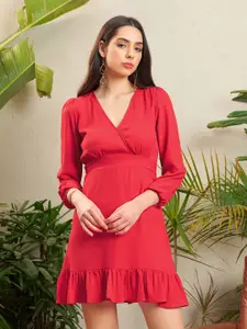 SASSAFRAS Red V-Neck Georgette A-Line Mini Dress