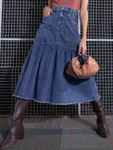 SASSAFRAS Denim Midi Flared Skirt