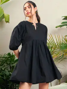 SASSAFRAS Black Puff Sleeve Pure Cotton Fit & Flare Dress