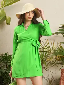 SASSAFRAS Green Cuffed Sleeves Georgette Wrap Dress