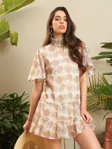 SASSAFRAS Cream-Coloured Floral Printed High Neck Cut-Outs Georgette A-Line Dress