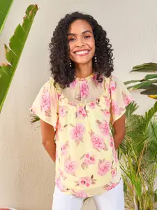 SASSAFRAS Yellow Floral Printed High Neck Flutter Sleeve Georgette Top