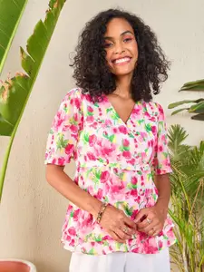 SASSAFRAS Pink Floral Printed Georgette Peplum Top