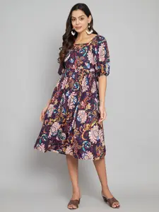 Amagyaa Floral Print Puff Sleeves Fit & Flare Midi Dress