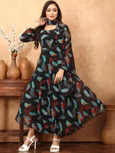 N N ENTERPRISE Floral Printed Georgette Fit & Flare Ethnic Dress With Dupatta