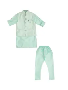 CAVIO Boys Floral Printed Thread Work Kurta With Pyjamas & Nehru Jacket