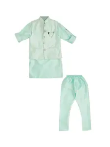 CAVIO Boys Floral Printed Thread Work Cotton Kurta With Pyjamas & Nehru Jacket