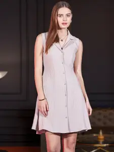 DressBerry Beige-Coloured Self Design Shirt Collar Sleeveless Sheath Dress