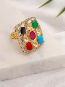 Ruby Raang Gold-Plated American Diamonds & Kundan Studded Finger Ring