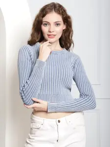 NoBarr Striped Ribbed Round Neck Long Sleeves Cotton Crop Pullover