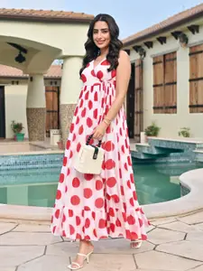 Ziva Fashion Polka Dot Printed V-Neck Sleeveless Georgette Wrap Maxi Dress