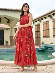 Ziva Fashion Floral Printed Choker Neck Sleeveless Georgette Maxi Dress