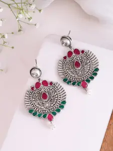 DASTOOR Silver-Plated Stones Studded Contemporary Oxidised Drop Earrings