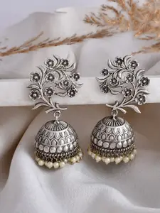 DASTOOR Silver-Plated Floral Jhumkas Earrings
