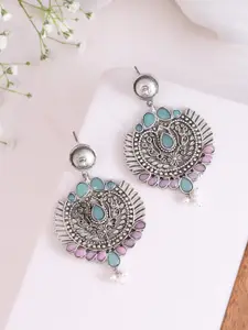 DASTOOR Silver-Plated Stone-Studded & Beaded Oxidised Contemporary Drop Earrings