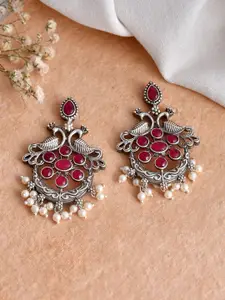 DASTOOR Silver-Plated Stone-Studded & Beaded Oxidised Contemporary Drop Earrings