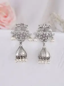 DASTOOR Silver-Plated Stone-Studded & Beaded Oxidised Dome Shaped Jhumkas