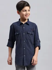 Monte Carlo Boys Classic Striped Spread Collar Long Roll Up Sleeves Cotton Casual Shirt