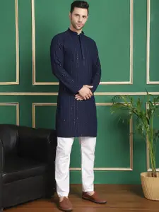 Anouk Navy Blue Geometric Embroidered Sequinned Kurta with Pyjamas
