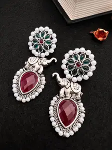 Sangria German Silver-Plated Stone-Studded & Beaded Drop Earrings