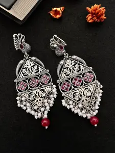 Sangria German Silver-Plated Stone-Studded & Beaded Drop Earrings