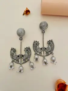 Sangria German Silver-Plated Stone-Studded & Beaded Drop Earrings